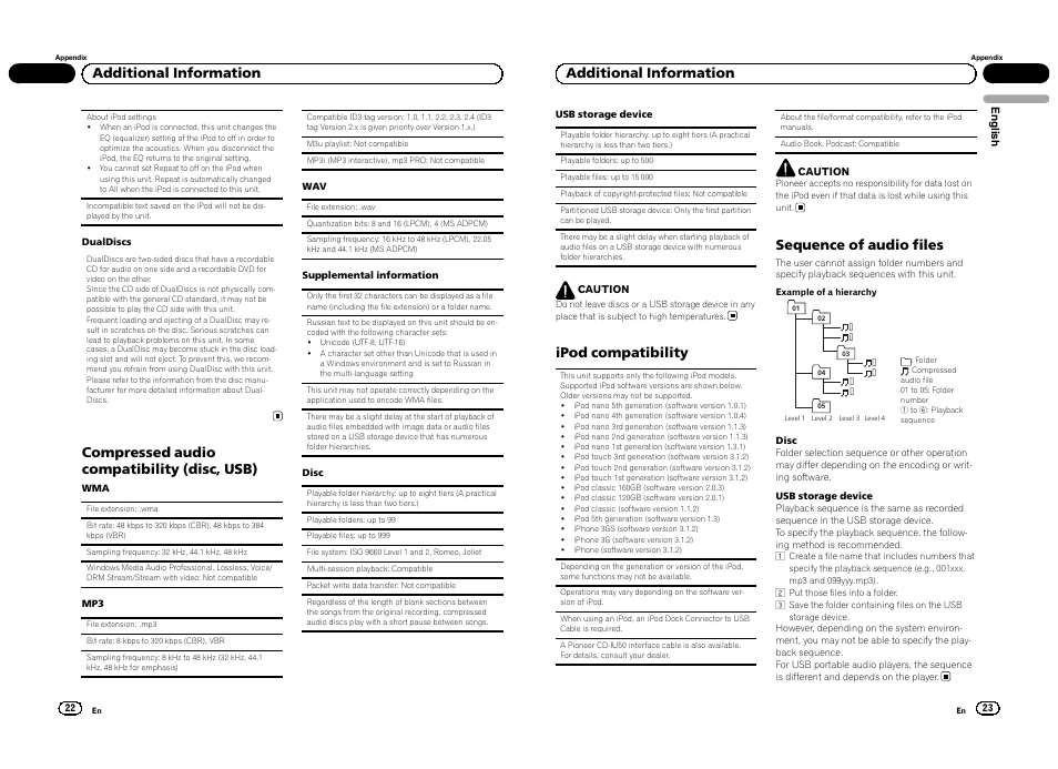 Compressed audio compatibility (disc, usb), Additional information, Ipod compatibility | Sequence of audio files | Pioneer DEH-3300UB User Manual | Page 12 / 100