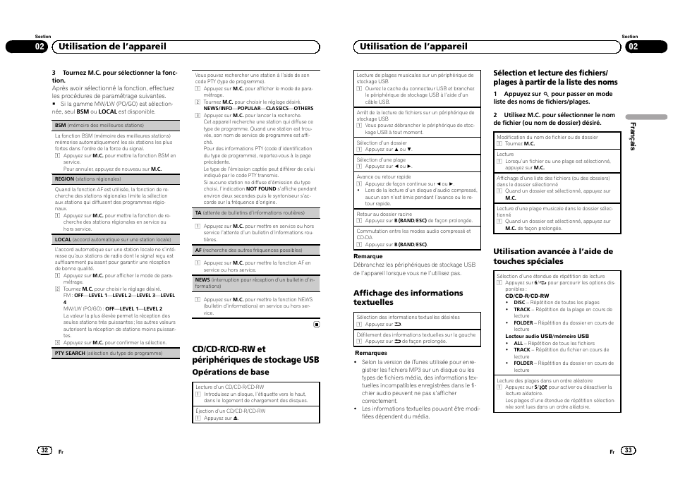 Cd/cd-r/cd-rw et périphériques de stockage usb, 02 utilisation de l ’appareil, Opérations de base | Affichage des informations textuelles, Utilisation avancée à l ’aide de touches spéciales | Pioneer DEH-3300UB User Manual | Page 17 / 100