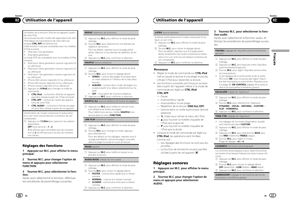 02 utilisation de l ’appareil, Réglages sonores, Réglages des fonctions | Pioneer DEH-3300UB User Manual | Page 19 / 100