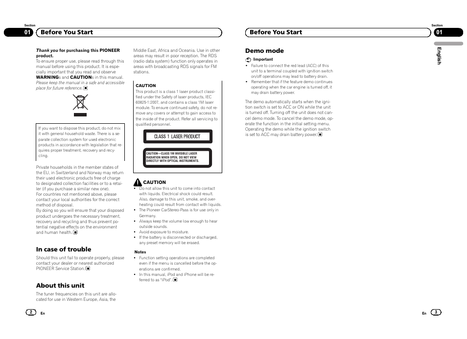 English, About this unit, 01 before you start demo mode | 01 before you start | Pioneer DEH-3300UB User Manual | Page 2 / 100