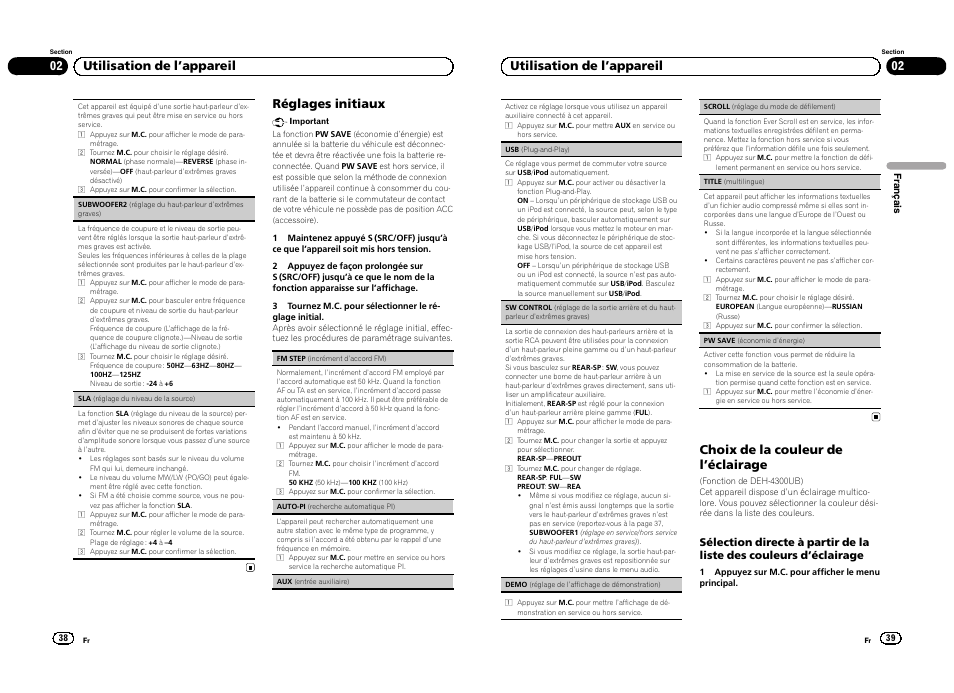 Réglages initiaux, 02 utilisation de l ’appareil, Choix de la couleur de l ’éclairage | Pioneer DEH-3300UB User Manual | Page 20 / 100