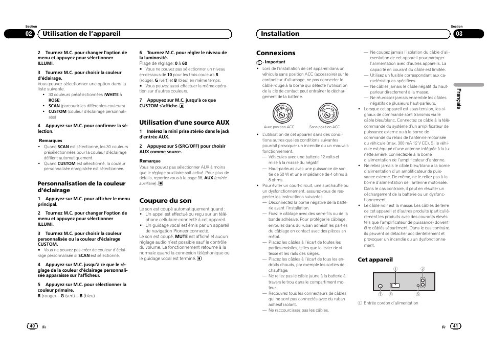 Utilisation d ’une source aux, Coupure du son, 02 utilisation de l ’appareil connexions | 03 installation | Pioneer DEH-3300UB User Manual | Page 21 / 100