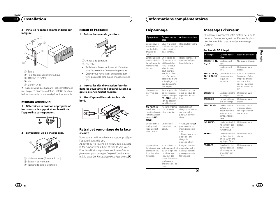 03 installation dépannage, Messages d ’erreur, Informations complémentaires | Pioneer DEH-3300UB User Manual | Page 23 / 100