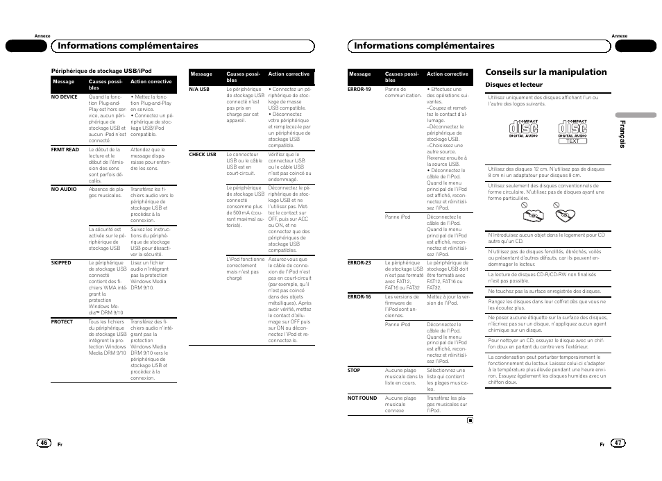 Informations complémentaires, Conseils sur la manipulation | Pioneer DEH-3300UB User Manual | Page 24 / 100