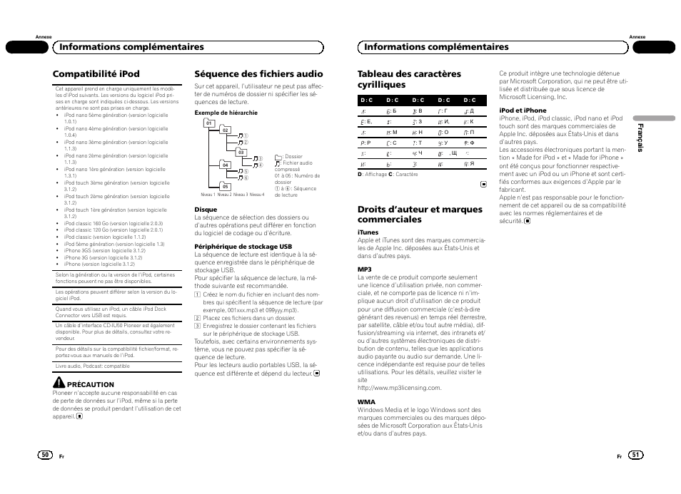 Compatibilité ipod, Séquence des fichiers audio, Droits d ’auteur et marques commerciales | Informations complémentaires | Pioneer DEH-3300UB User Manual | Page 26 / 100