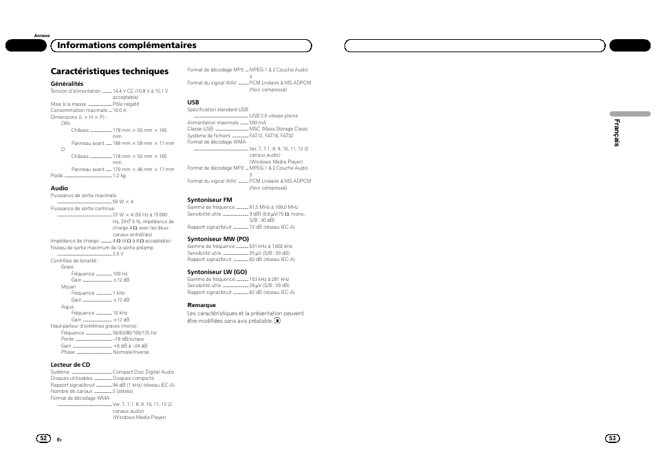 Caractéristiques techniques, Informations complémentaires | Pioneer DEH-3300UB User Manual | Page 27 / 100