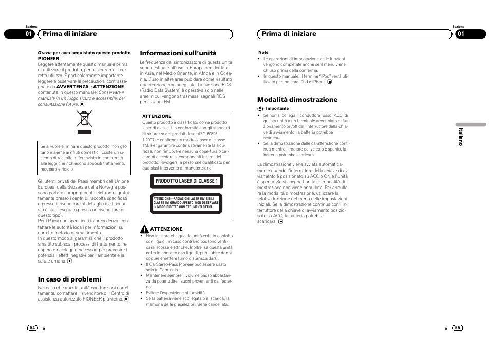 Italiano, Informazioni sull ’unità, 01 prima di iniziare | Modalità dimostrazione | Pioneer DEH-3300UB User Manual | Page 28 / 100