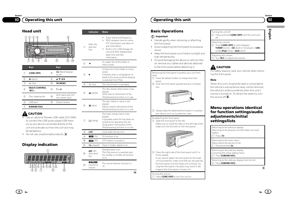 Head unit, Display indication, 02 operating this unit basic operations | 02 operating this unit | Pioneer DEH-3300UB User Manual | Page 3 / 100