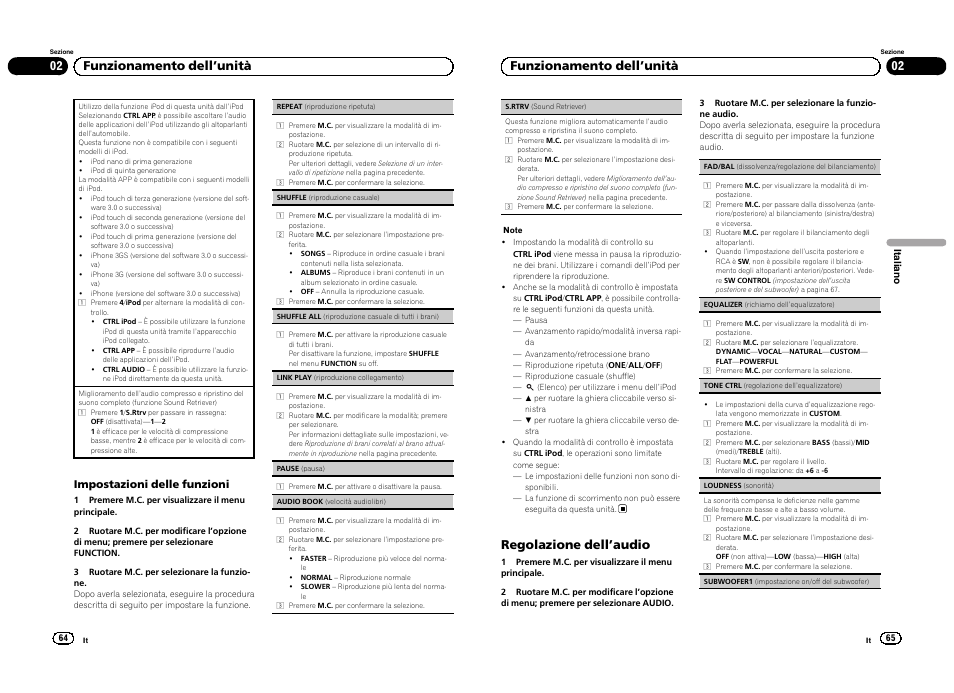 02 funzionamento dell ’unità, Regolazione dell ’audio, Impostazioni delle funzioni | Pioneer DEH-3300UB User Manual | Page 33 / 100