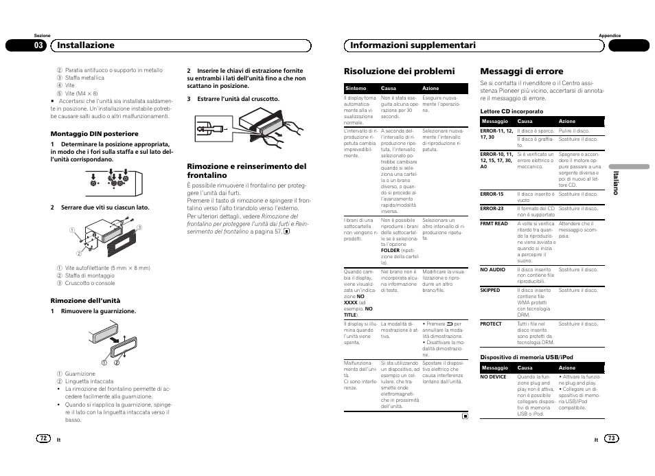 03 installazione risoluzione dei problemi, Messaggi di errore, Informazioni supplementari | Pioneer DEH-3300UB User Manual | Page 37 / 100