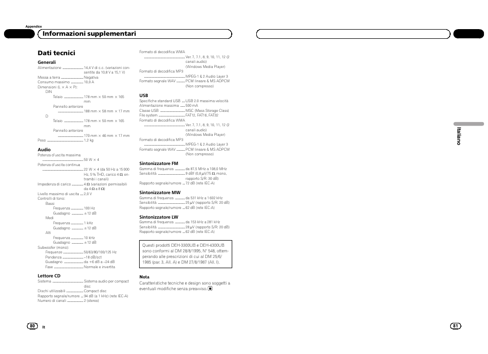 Dati tecnici, Informazioni supplementari | Pioneer DEH-3300UB User Manual | Page 41 / 100