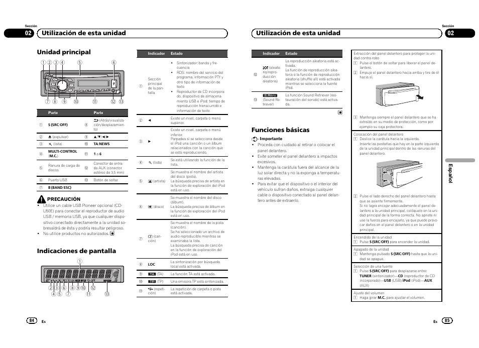 Unidad principal, Indicaciones de pantalla, 02 utilización de esta unidad | Funciones básicas | Pioneer DEH-3300UB User Manual | Page 43 / 100