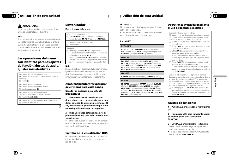 Sintonizador, 02 utilización de esta unidad | Pioneer DEH-3300UB User Manual | Page 44 / 100