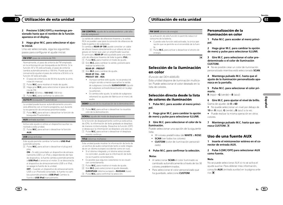 02 utilización de esta unidad, Selección de la iluminación en color, Uso de una fuente aux | Pioneer DEH-3300UB User Manual | Page 48 / 100