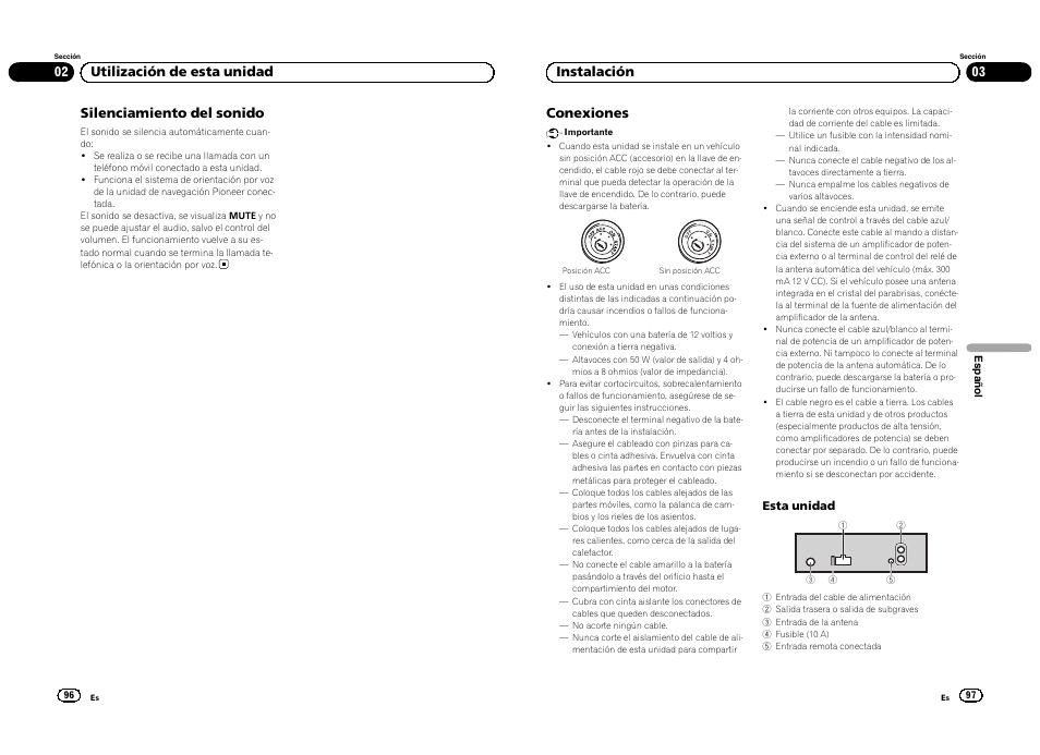 Silenciamiento del sonido, 02 utilización de esta unidad conexiones, 03 instalación | Pioneer DEH-3300UB User Manual | Page 49 / 100