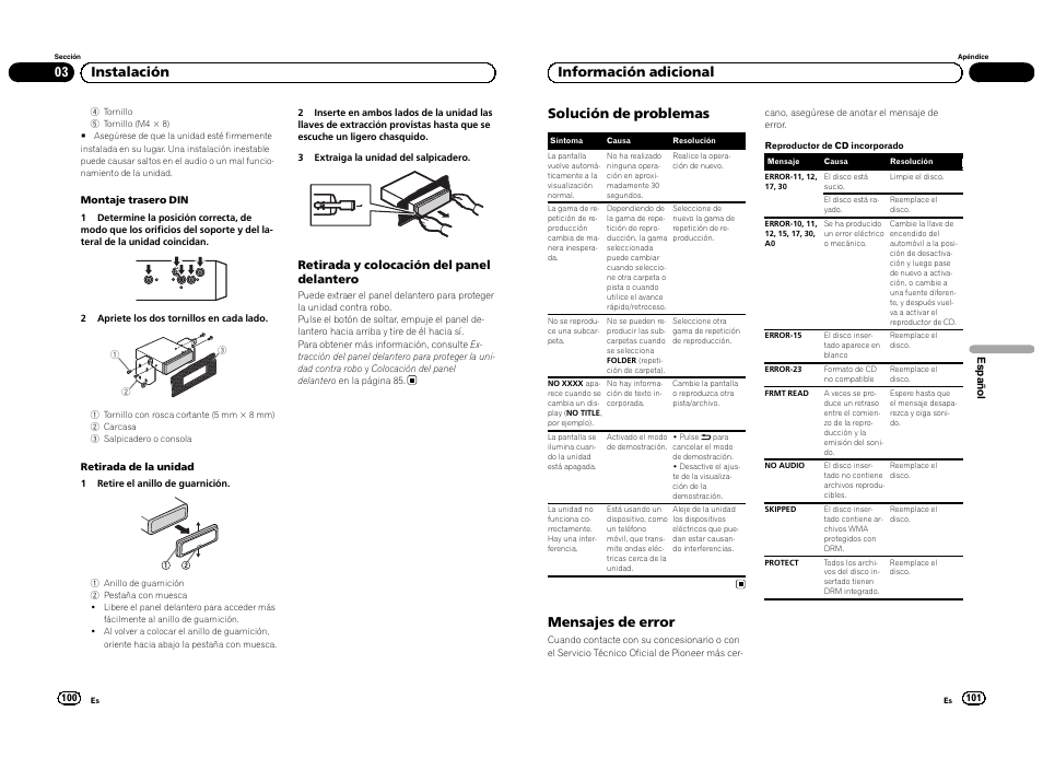 03 instalación solución de problemas, Mensajes de error, Información adicional | Pioneer DEH-3300UB User Manual | Page 51 / 100
