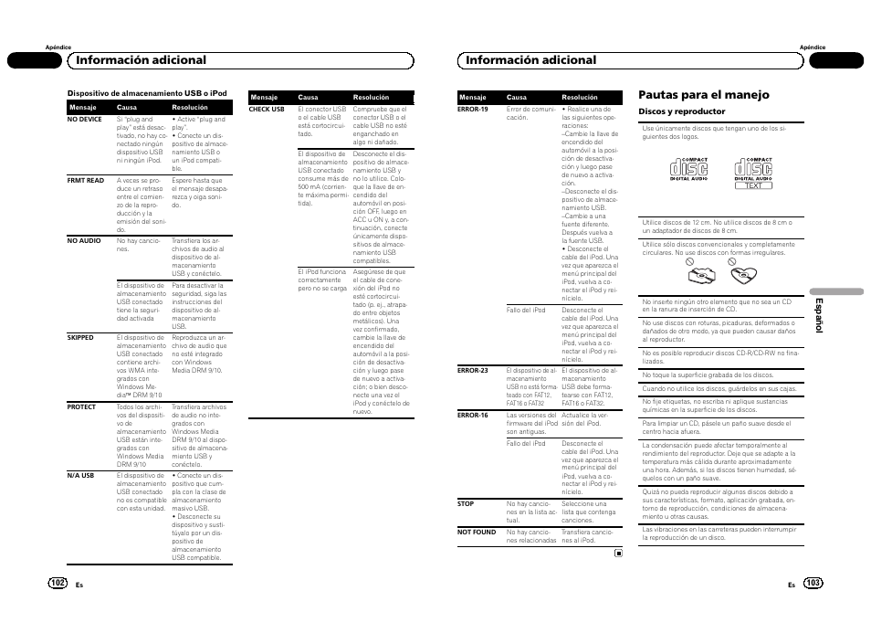 Información adicional, Pautas para el manejo | Pioneer DEH-3300UB User Manual | Page 52 / 100