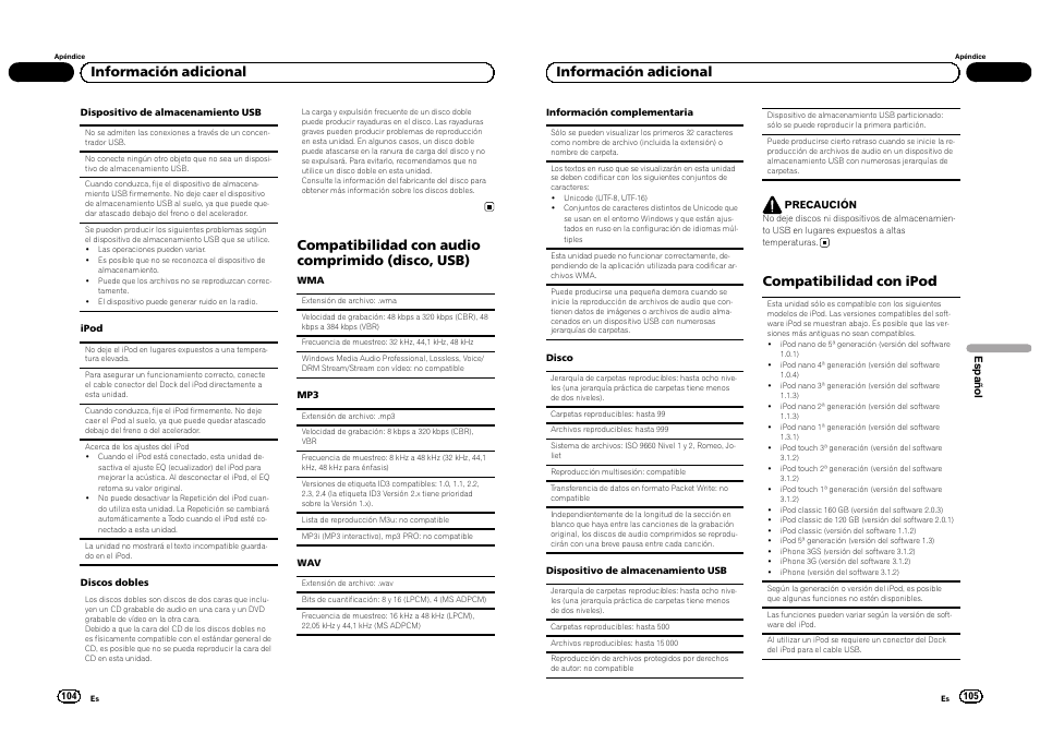 Compatibilidad con audio comprimido (disco, usb), Información adicional, Compatibilidad con ipod | Pioneer DEH-3300UB User Manual | Page 53 / 100