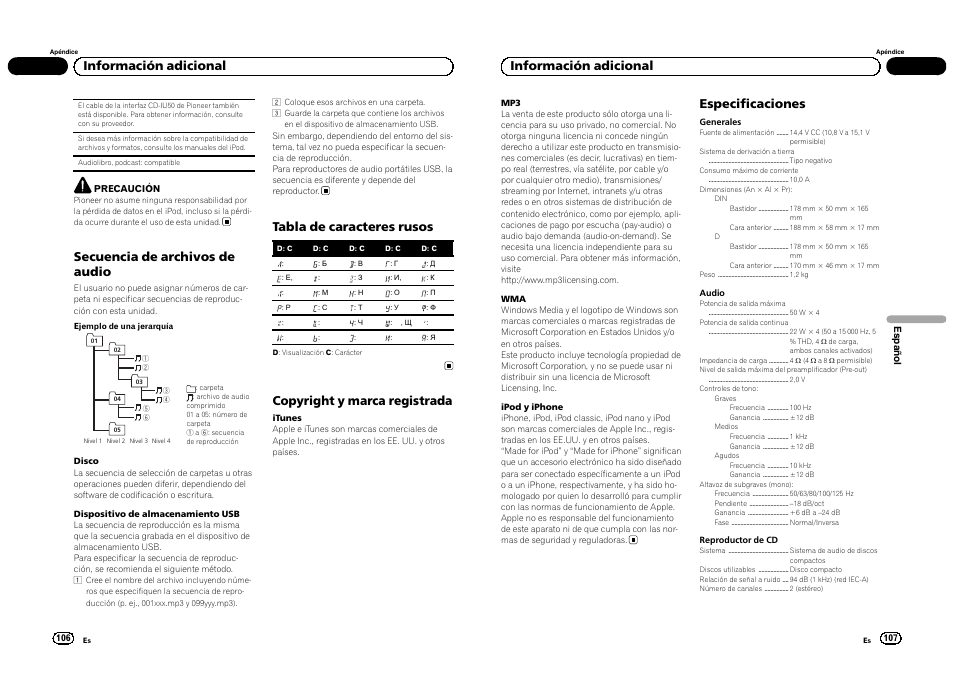 Secuencia de archivos de audio, Tabla de caracteres rusos, Copyright y marca registrada | Información adicional, Especificaciones | Pioneer DEH-3300UB User Manual | Page 54 / 100