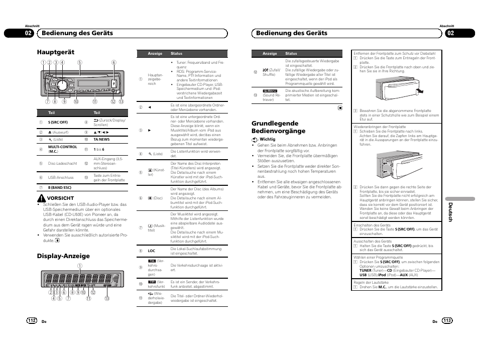 Hauptgerät, Display-anzeige, 02 bedienung des geräts | Grundlegende bedienvorgänge | Pioneer DEH-3300UB User Manual | Page 57 / 100