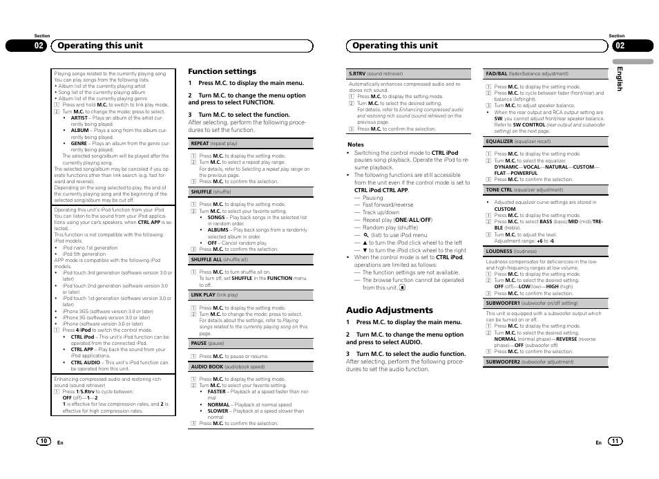 02 operating this unit, Audio adjustments, Function settings | Pioneer DEH-3300UB User Manual | Page 6 / 100