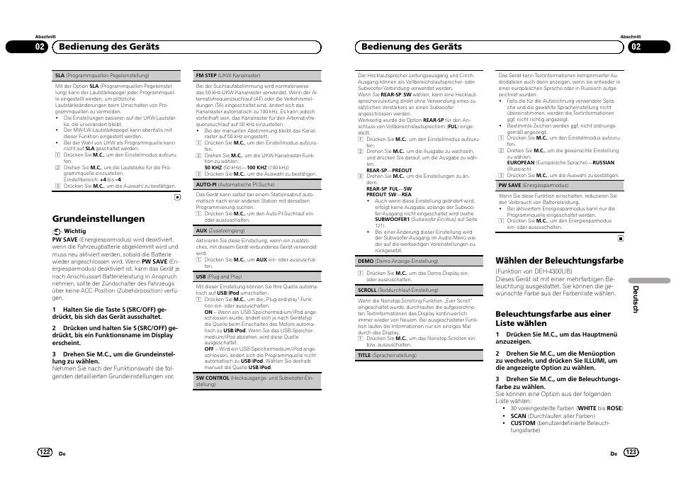 Grundeinstellungen, 02 bedienung des geräts, Wählen der beleuchtungsfarbe | Beleuchtungsfarbe aus einer liste wählen | Pioneer DEH-3300UB User Manual | Page 62 / 100