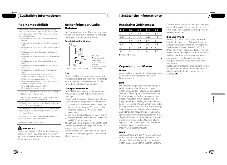 Ipod-kompatibilität, Reihenfolge der audio- dateien, Zusätzliche informationen russischer zeichensatz | Copyright und marke, Zusätzliche informationen | Pioneer DEH-3300UB User Manual | Page 69 / 100