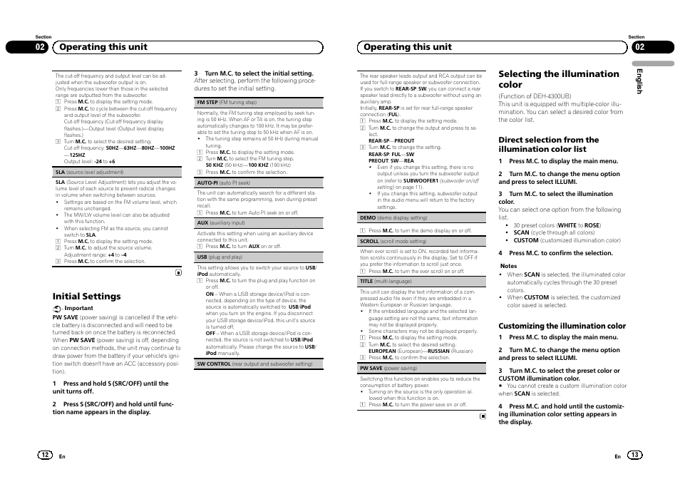 Initial settings, 02 operating this unit, Selecting the illumination color | Pioneer DEH-3300UB User Manual | Page 7 / 100