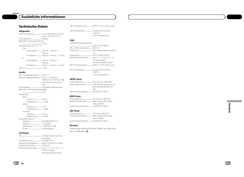 Technische daten, Zusätzliche informationen | Pioneer DEH-3300UB User Manual | Page 70 / 100