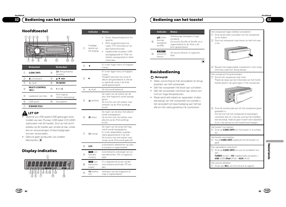 Hoofdtoestel, Display-indicaties, 02 bediening van het toestel | Basisbediening | Pioneer DEH-3300UB User Manual | Page 72 / 100