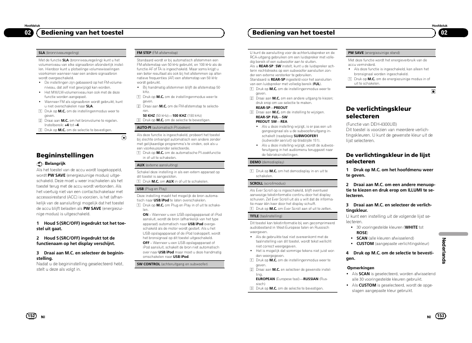 Begininstellingen, 02 bediening van het toestel, De verlichtingskleur selecteren | De verlichtingskleur in de lijst selecteren | Pioneer DEH-3300UB User Manual | Page 77 / 100