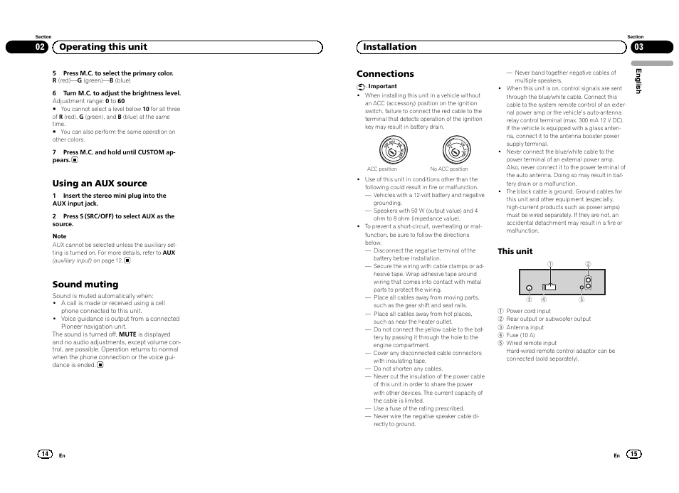 Using an aux source, Sound muting, 02 operating this unit connections | 03 installation | Pioneer DEH-3300UB User Manual | Page 8 / 100