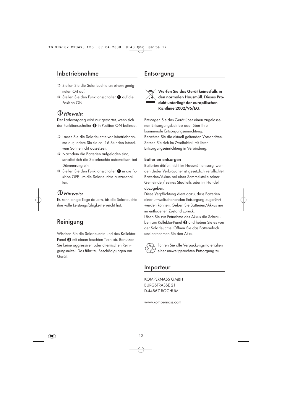 Inbetriebnahme, Reinigung, Entsorgung | Importeur | Kompernass KH 4102 User Manual | Page 14 / 15