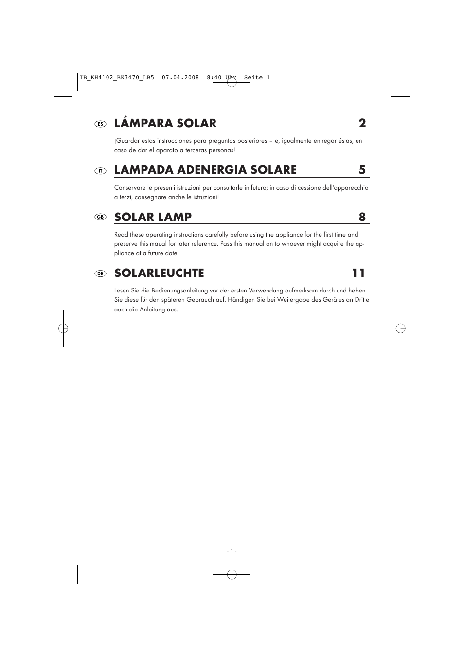 Lámpara solar 2, Lampada adenergia solare 5, Solar lamp 8 | Solarleuchte 11 | Kompernass KH 4102 User Manual | Page 3 / 15