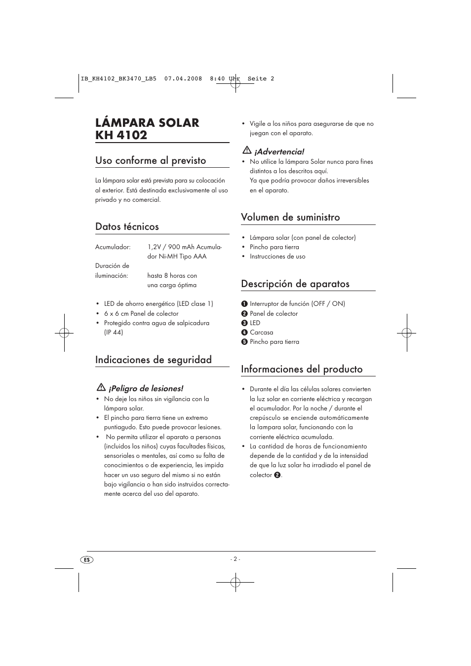 Lámpara solar kh 4102, Uso conforme al previsto, Datos técnicos | Indicaciones de seguridad, Volumen de suministro, Descripción de aparatos, Informaciones del producto | Kompernass KH 4102 User Manual | Page 4 / 15