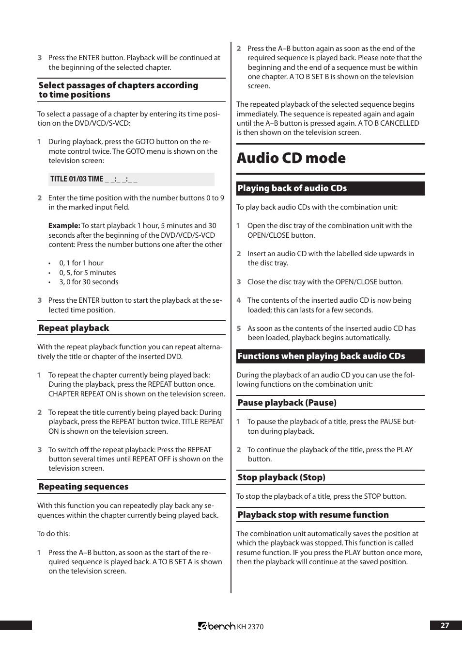 Audio cd mode | Kompernass KH 2370 User Manual | Page 27 / 38