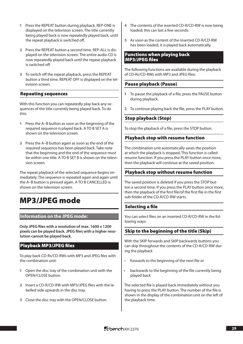 Mp3/jpeg mode | Kompernass KH 2370 User Manual | Page 29 / 38