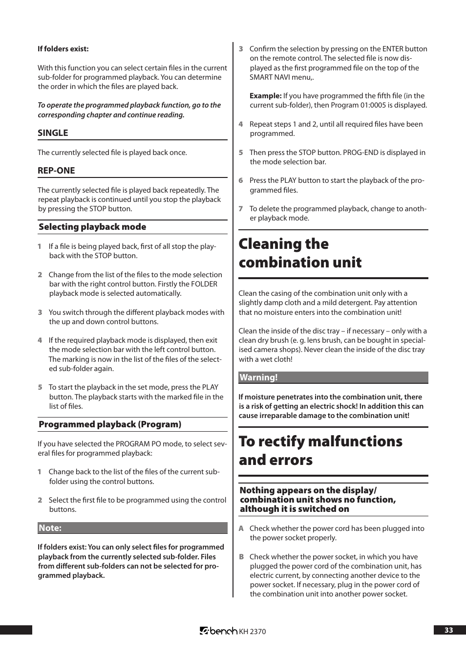 Cleaning the combination unit | Kompernass KH 2370 User Manual | Page 33 / 38