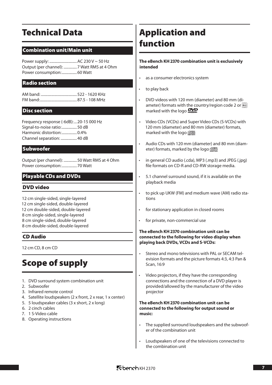 Technical data, Scope of supply, Application and function | Kompernass KH 2370 User Manual | Page 7 / 38