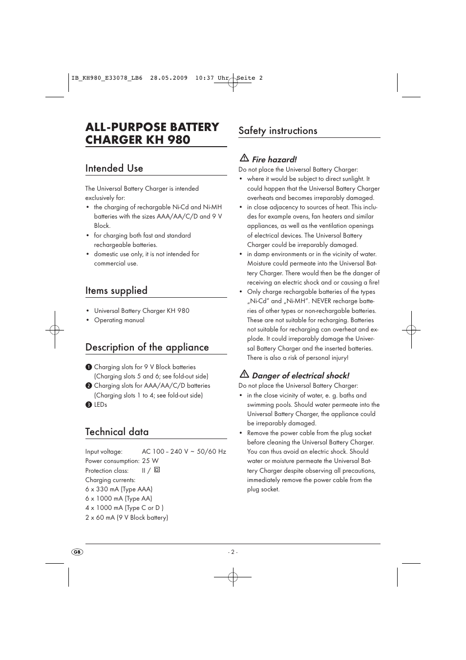 All-purpose battery charger kh 980, Intended use, Items supplied | Description of the appliance, Technical data, Safety instructions | Kompernass KH 980 User Manual | Page 4 / 10