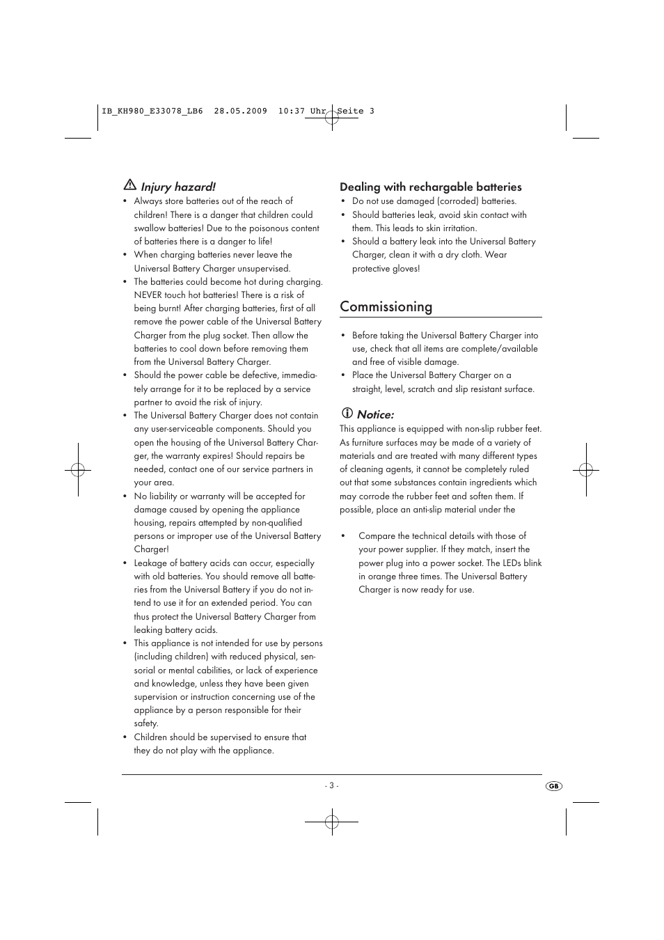 Commissioning, Injury hazard, Notice | Kompernass KH 980 User Manual | Page 5 / 10