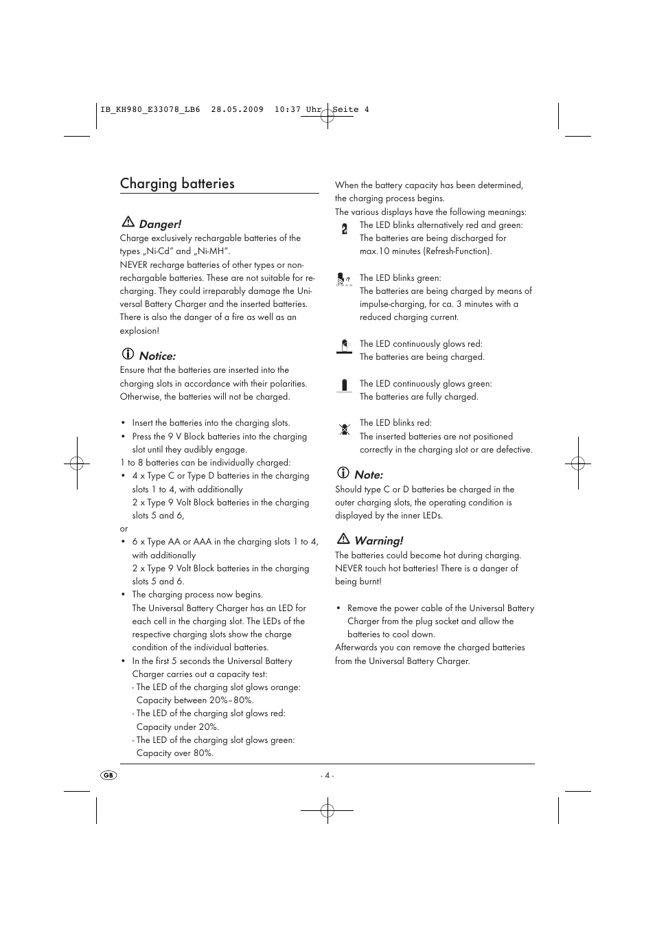 Charging batteries | Kompernass KH 980 User Manual | Page 6 / 10