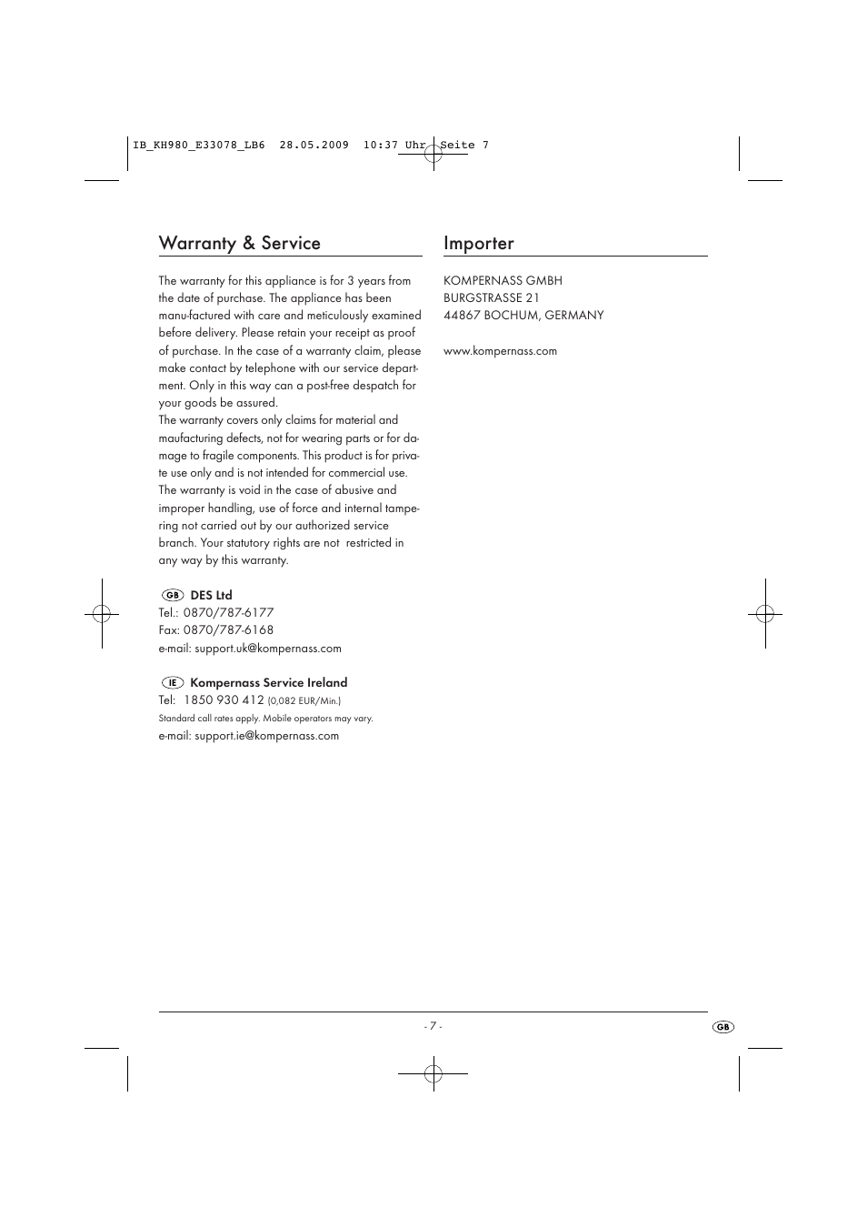 Warranty & service, Importer | Kompernass KH 980 User Manual | Page 9 / 10