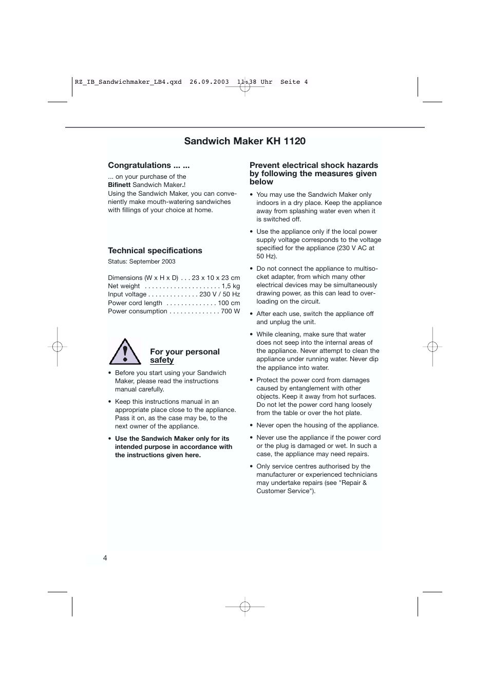 Sandwich maker kh 1120 | Kompernass KH 1120 User Manual | Page 4 / 8