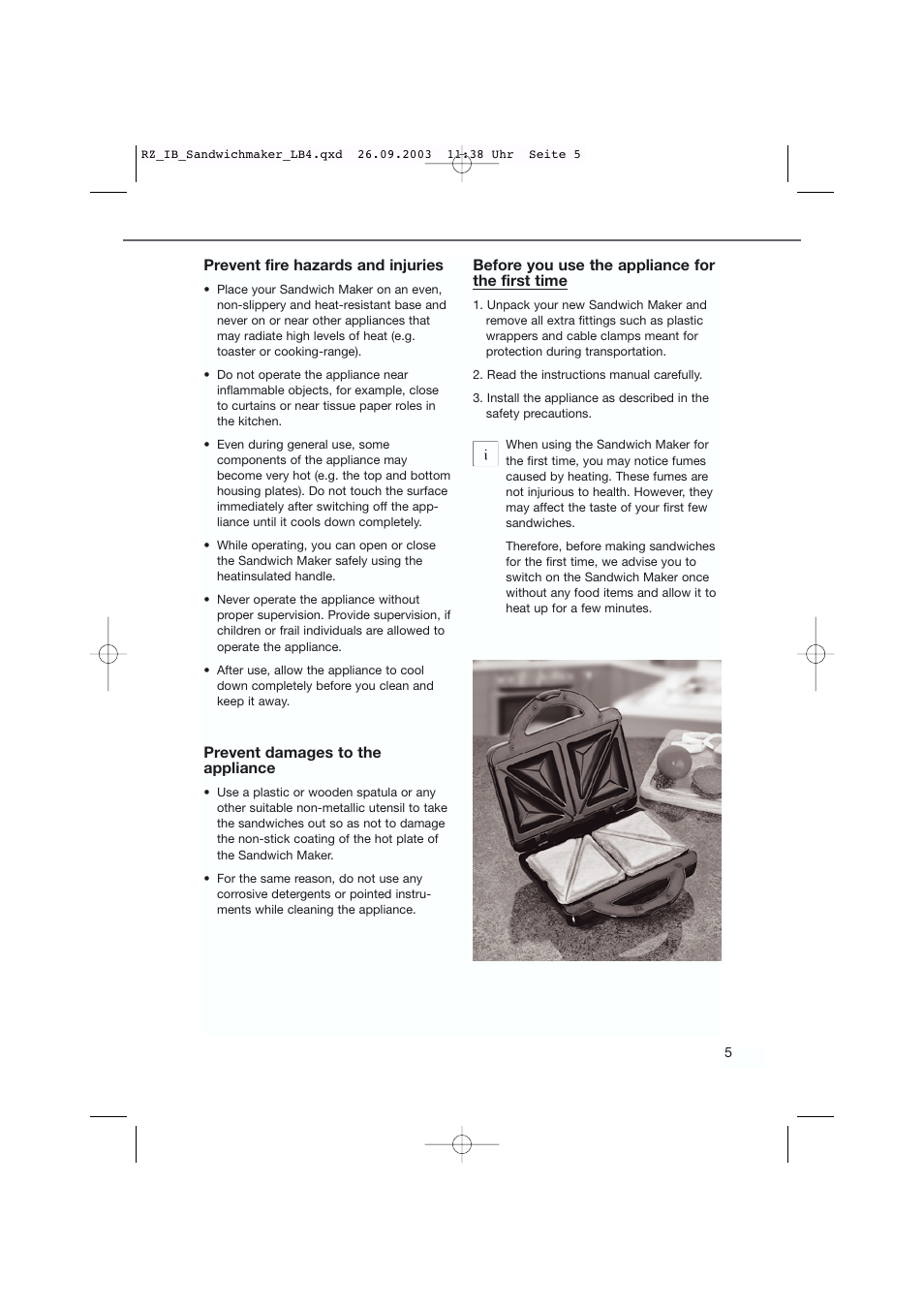 Prevent fire hazards and injuries, Prevent damages to the appliance, Before you use the appliance for the first time | Kompernass KH 1120 User Manual | Page 5 / 8