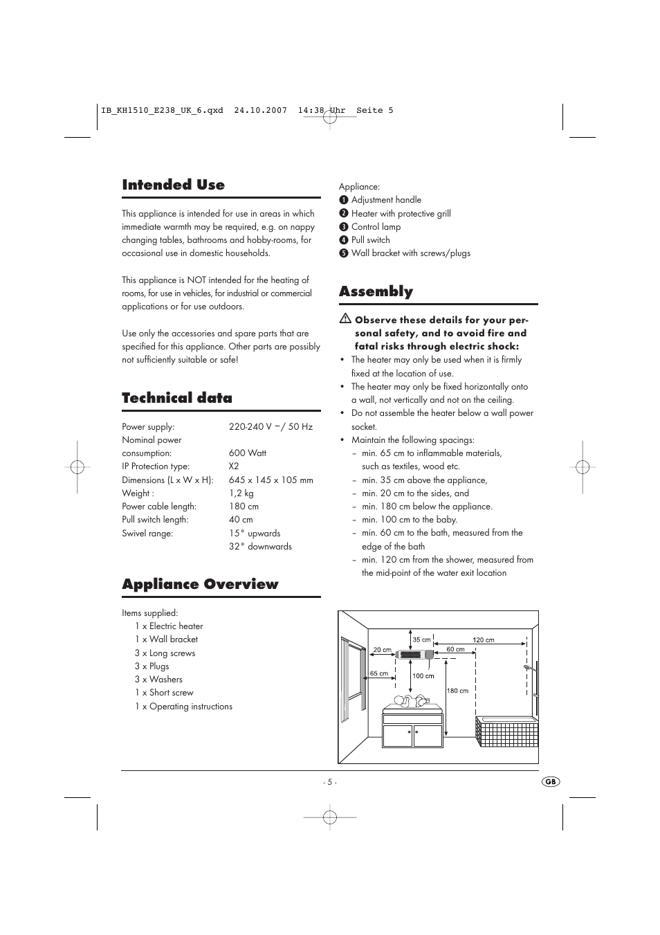 Intended use, Technical data, Appliance overview | Assembly | Kompernass KH 1510 User Manual | Page 5 / 8