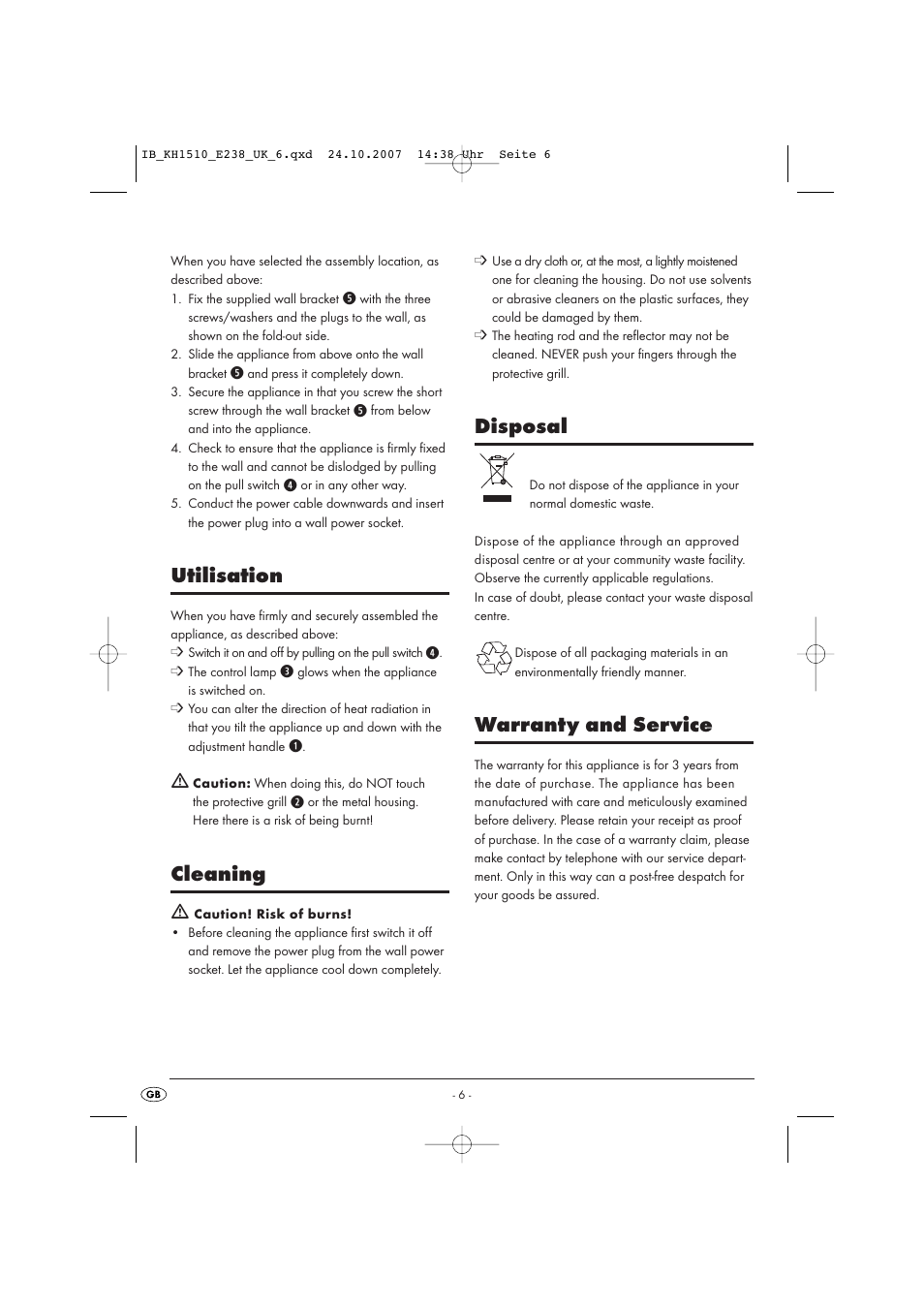 Utilisation, Cleaning, Disposal | Warranty and service | Kompernass KH 1510 User Manual | Page 6 / 8