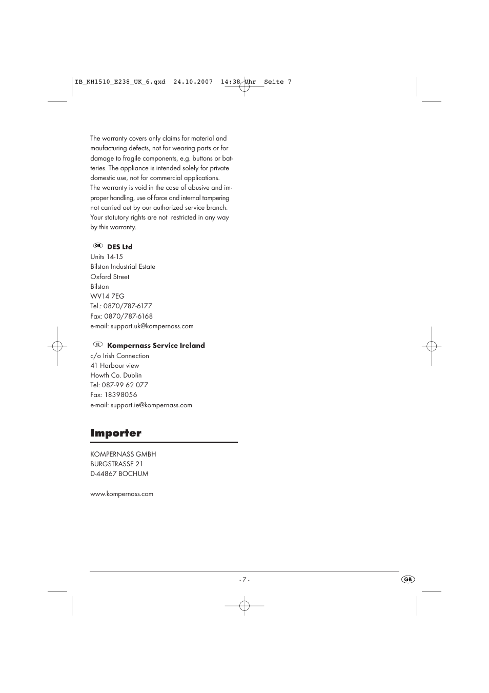 Importer | Kompernass KH 1510 User Manual | Page 7 / 8