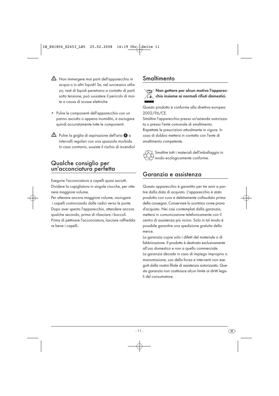 Qualche consiglio per un'acconciatura perfetta, Smaltimento, Garanzia e assistenza | Kompernass KH 1804 User Manual | Page 13 / 26