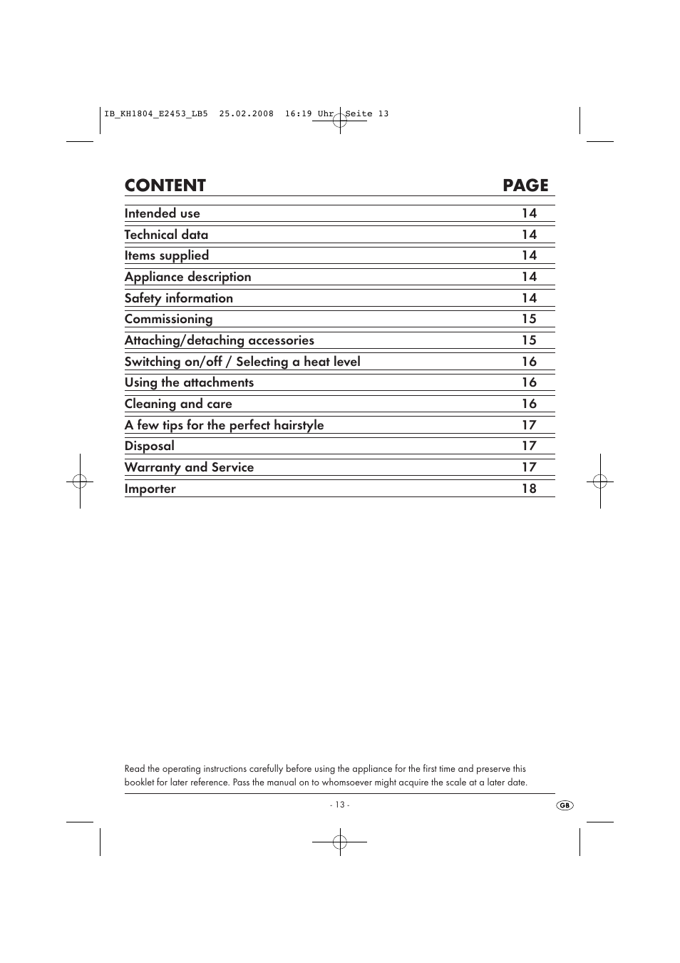 Content page | Kompernass KH 1804 User Manual | Page 15 / 26